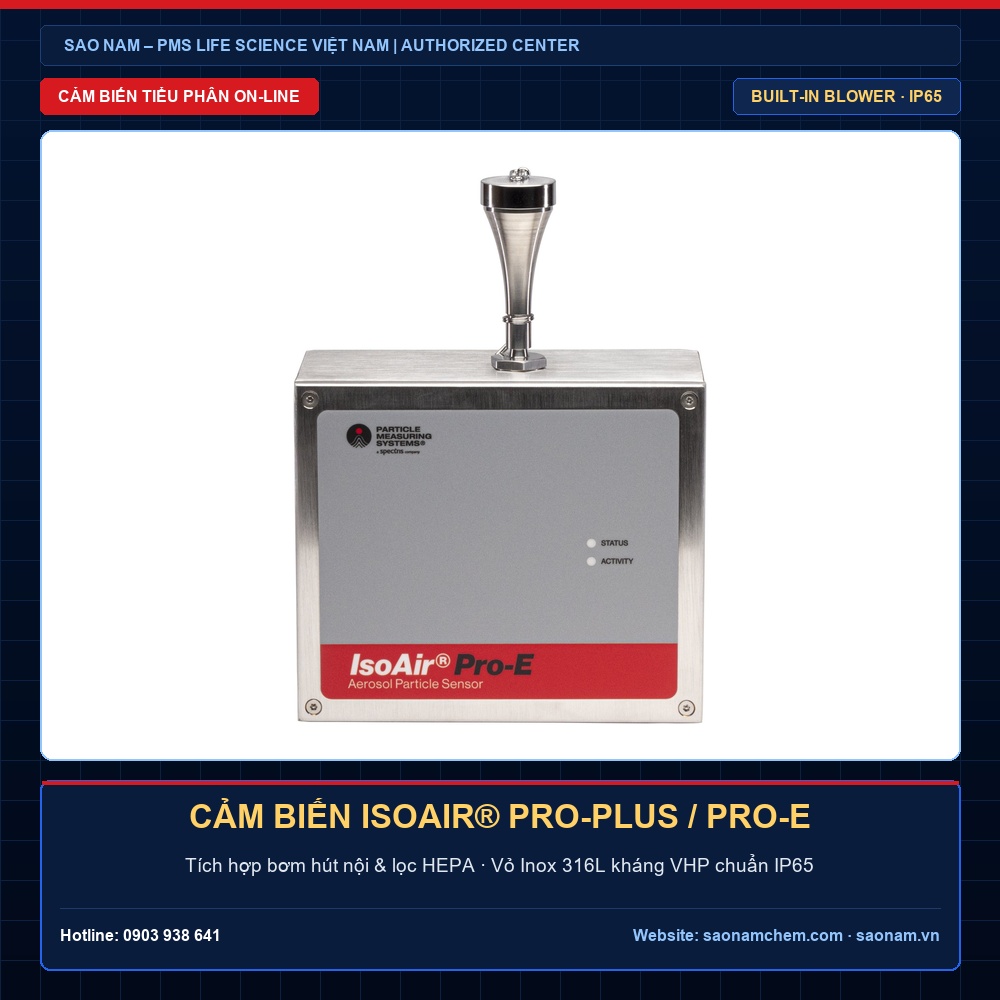 Cảm biến giám sát tiểu phân online IsoAir® Pro-Plus / Pro-E PMS – IP65 · Inox 316L · EU GMP Annex 1 | SAO NAM PMS Việt Nam Cảm biến giám sát tiểu phân online IsoAir® Pro-Plus / Pro-E PMS đạt chuẩn IP65 · Inox 316L · EU GMP Annex 1, phân phối và hiệu chuẩn chính hãng bởi SAO NAM