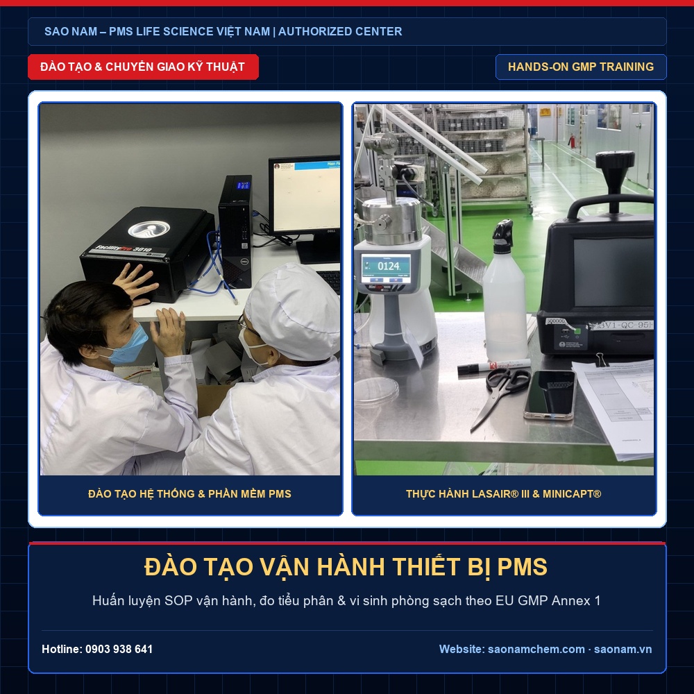Đào Tạo & Huấn Luyện Vận Hành Thiết Bị Đo Đếm Tiểu Phân – Vi Sinh PMS | SAO NAM Việt Nam Đào tạo huấn luyện sử dụng thiết bị đo đếm tiểu phân Lasair III, MiniCapt và phần mềm PMS FacilityPro chuẩn EU GMP Annex 1 bởi kỹ sư SAO NAM