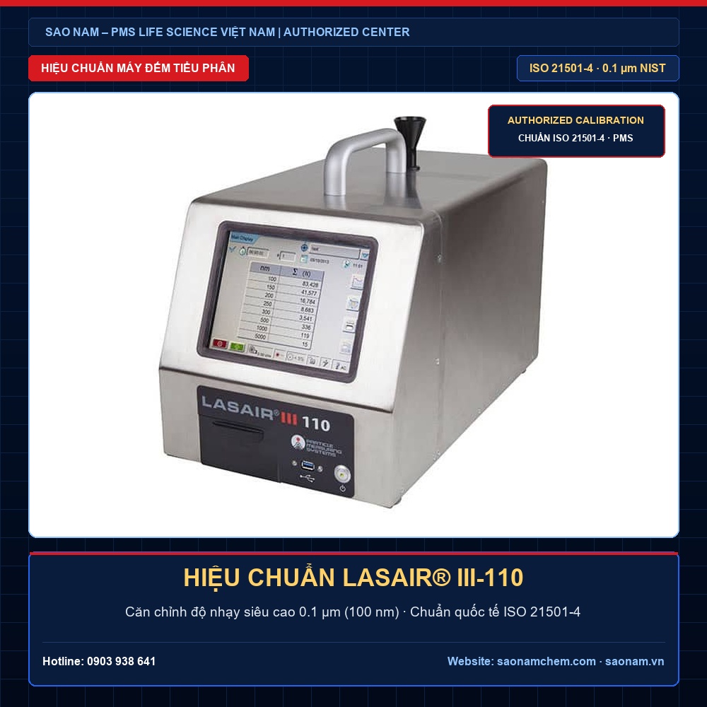 Dịch Vụ Hiệu Chuẩn Máy Đếm Hạt Tiểu Phân PMS Lasair III-110 (0.1 µm) – Chuẩn ISO 21501-4 | SAO NAM Dịch vụ hiệu chuẩn máy đếm hạt tiểu phân Lasair III-110 độ nhạy 0.1 µm (100 nm) hãng PMS đạt chuẩn quốc tế ISO 21501-4 chính hãng bởi SAO NAM
