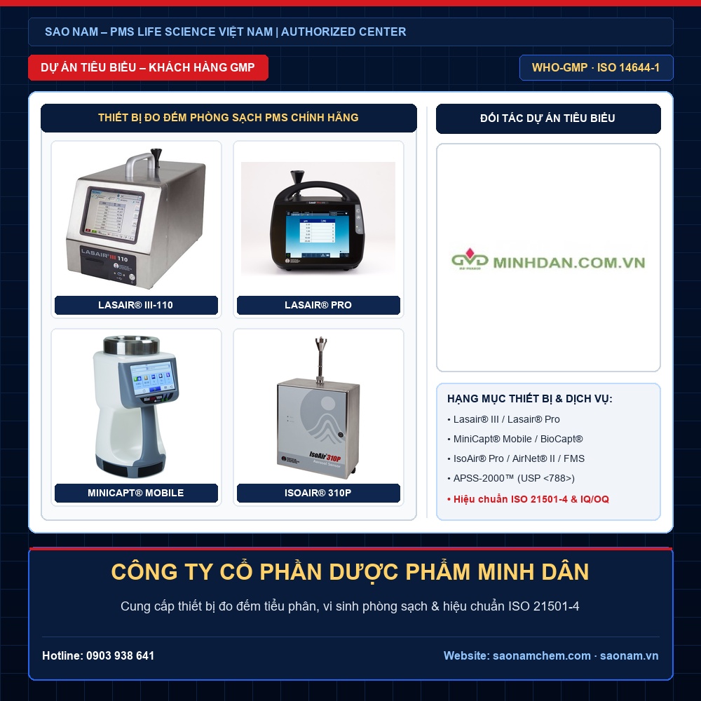 Dự Án Cung Cấp & Hiệu Chuẩn Thiết Bị Phòng Sạch PMS – CÔNG TY CỔ PHẦN DƯỢC PHẨM MINH DÂN | SAO NAM Thiết bị đếm tiểu phân Lasair III, Lasair Pro, lấy mẫu vi sinh MiniCapt, IsoAir và APSS-2000 hãng PMS tại dự án CÔNG TY CỔ PHẦN DƯỢC PHẨM MINH DÂN do SAO NAM cung cấp và hiệu chuẩn ISO 21501-4