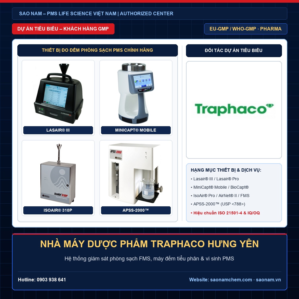Dự Án Cung Cấp & Hiệu Chuẩn Thiết Bị Phòng Sạch PMS – NHÀ MÁY DƯỢC PHẨM TRAPHACO HƯNG YÊN | SAO NAM Thiết bị đếm tiểu phân Lasair III, Lasair Pro, lấy mẫu vi sinh MiniCapt, IsoAir và APSS-2000 hãng PMS tại dự án NHÀ MÁY DƯỢC PHẨM TRAPHACO HƯNG YÊN do SAO NAM cung cấp và hiệu chuẩn ISO 21501-4