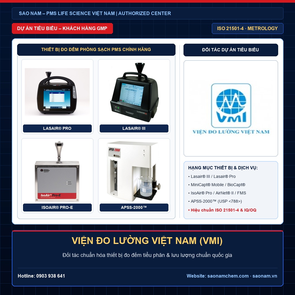 Dự Án Cung Cấp & Hiệu Chuẩn Thiết Bị Phòng Sạch PMS – VIỆN ĐO LƯỜNG VIỆT NAM (VMI) | SAO NAM Thiết bị đếm tiểu phân Lasair III, Lasair Pro, lấy mẫu vi sinh MiniCapt, IsoAir và APSS-2000 hãng PMS tại dự án VIỆN ĐO LƯỜNG VIỆT NAM (VMI) do SAO NAM cung cấp và hiệu chuẩn ISO 21501-4