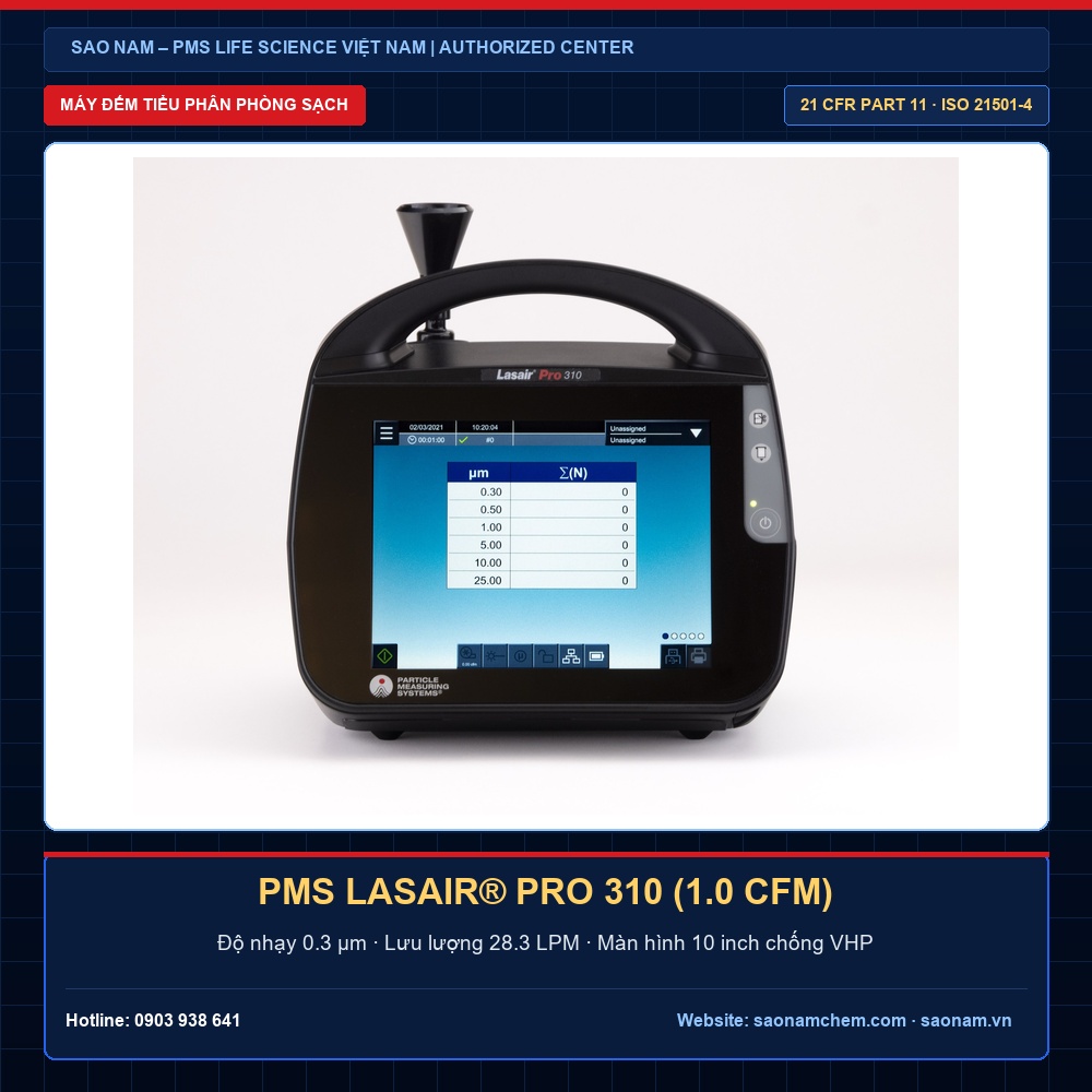 Máy Đếm Hạt Tiểu Phân Lasair® Pro 310 PMS (USA) – Chuẩn 21 CFR Part 11 | SAO NAM Máy đếm hạt tiểu phân Lasair Pro 310 PMS USA lưu lượng 1.0 CFM chuẩn toàn vẹn dữ liệu 21 CFR Part 11 tại SAO NAM