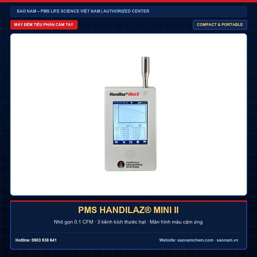 Máy Đếm Hạt Tiểu Phân Cầm Tay PMS HandiLaz Mini II | SAO NAM - PMS Life Science Vietnam Máy đếm hạt tiểu phân cầm tay PMS HandiLaz Mini II nhỏ gọn 0.1 CFM - SAO NAM Authorized PMS Center