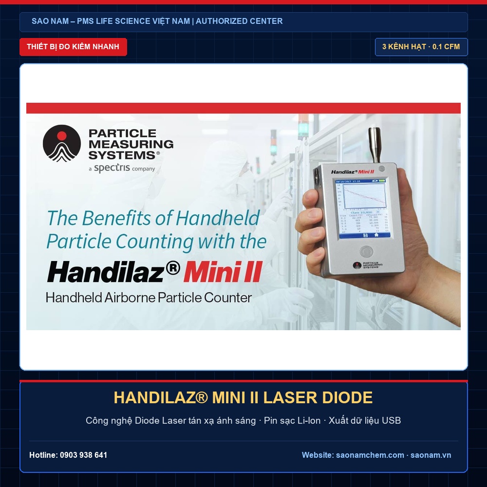 Máy Đếm Hạt Tiểu Phân Cầm Tay HandiLaz Mini II PMS – Công Nghệ Diode Laser | SAO NAM Máy đếm hạt tiểu phân cầm tay HandiLaz Mini II PMS USA công nghệ Diode Laser tán xạ ánh sáng tại SAO NAM