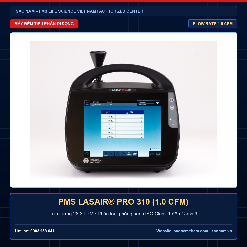 Máy đếm tiểu phân Lasair® Pro 310 PMS 1.0 CFM – ISO 14644-1 · ISO 21501-4 | SAO NAM PMS Việt Nam Máy đếm tiểu phân Lasair® Pro 310 PMS 1.0 CFM đạt chuẩn ISO 14644-1 · ISO 21501-4, phân phối và hiệu chuẩn chính hãng bởi SAO NAM