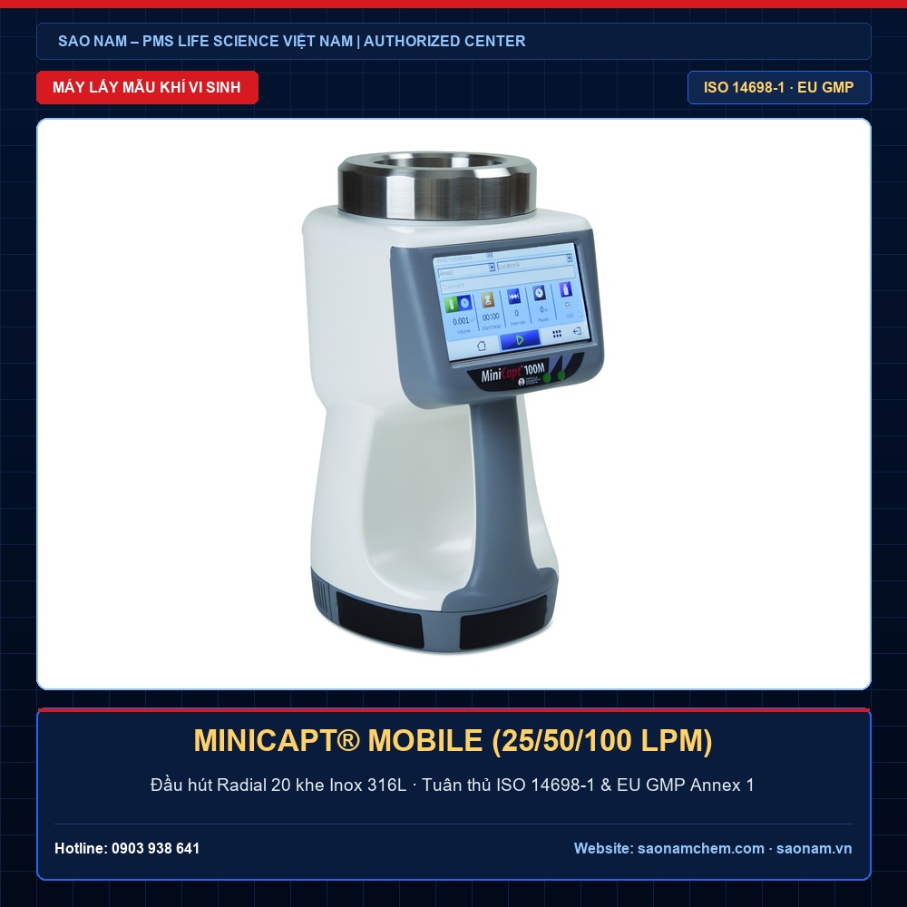 Máy lấy mẫu khí vi sinh MiniCapt® Mobile PMS 25/50/100 LPM – ISO 14698-1 · EU GMP Annex 1 | SAO NAM PMS Việt Nam Máy lấy mẫu khí vi sinh MiniCapt® Mobile PMS 25/50/100 LPM đạt chuẩn ISO 14698-1 · EU GMP Annex 1, phân phối và hiệu chuẩn chính hãng bởi SAO NAM