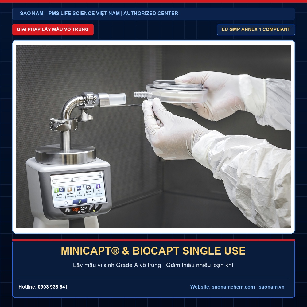 Máy Lấy Mẫu Vi Sinh MiniCapt Mobile & Đầu Hút BioCapt Single Use Máy lấy mẫu vi sinh MiniCapt Mobile tích hợp đầu hút BioCapt Single Use chuẩn Annex 1