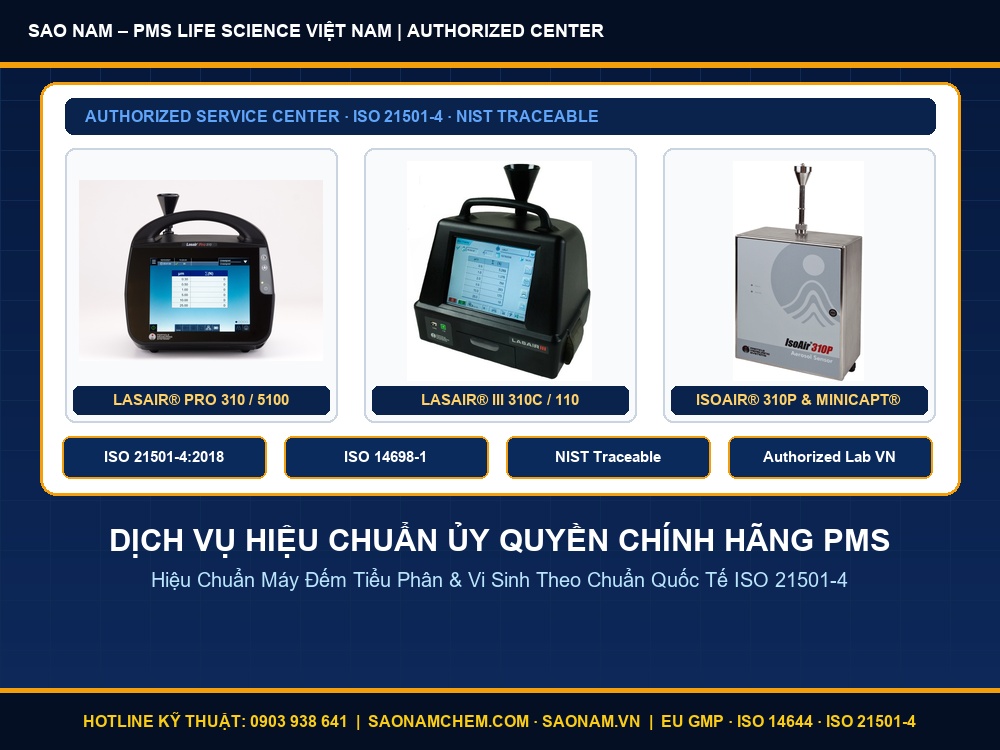 Dịch vụ hiệu chuẩn ủy quyền chính hãng PMS – Lasair® Pro, Lasair® III, IsoAir® 310P đạt chuẩn ISO 21501-4:2018 · ISO 14698-1 · NIST Traceable, phân phối và hiệu chuẩn chính hãng bởi SAO NAM